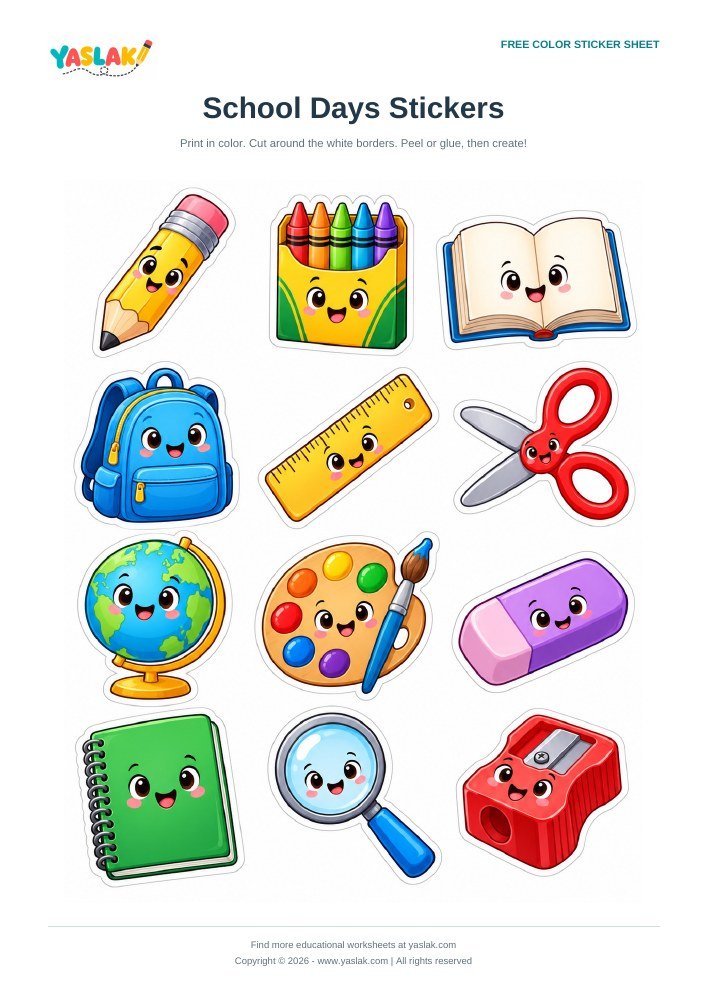 School Days Stickers colorful printable sheet with YASLAK logo and copyright