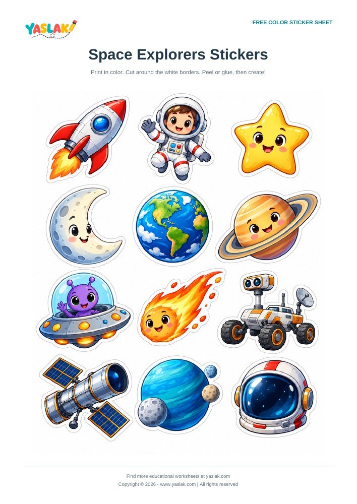 Space Explorers Stickers colorful printable sheet with YASLAK logo and copyright