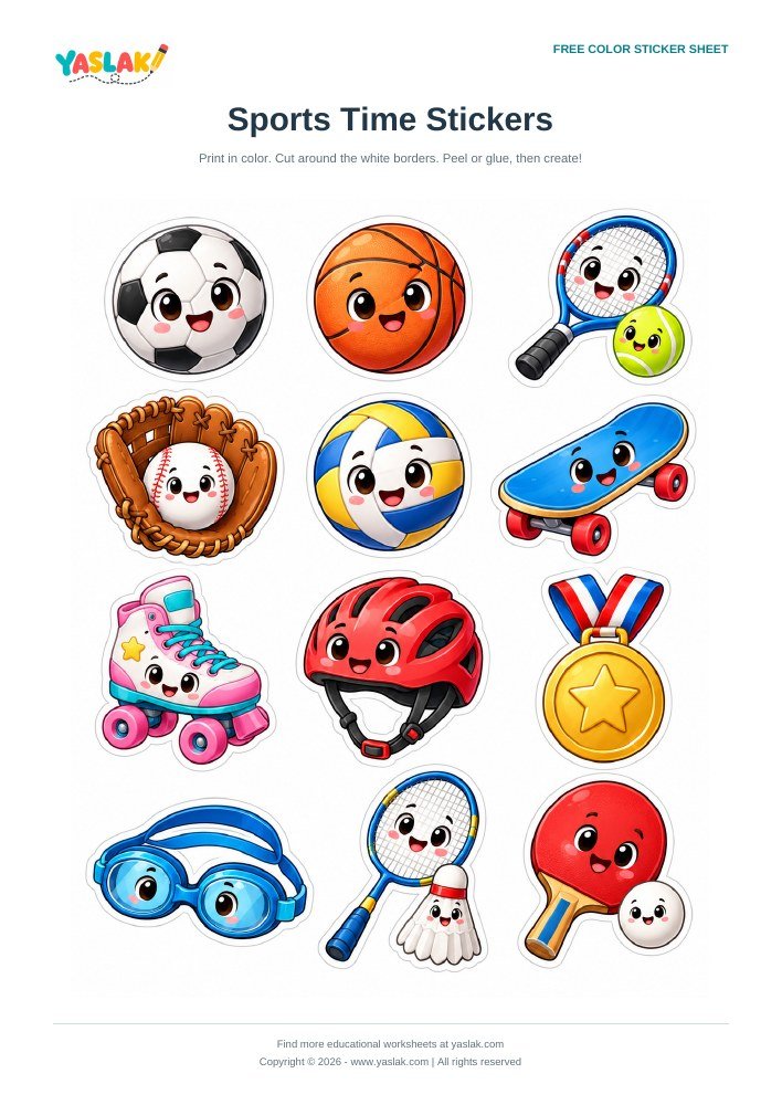 Sports Time Stickers colorful printable sheet with YASLAK logo and copyright