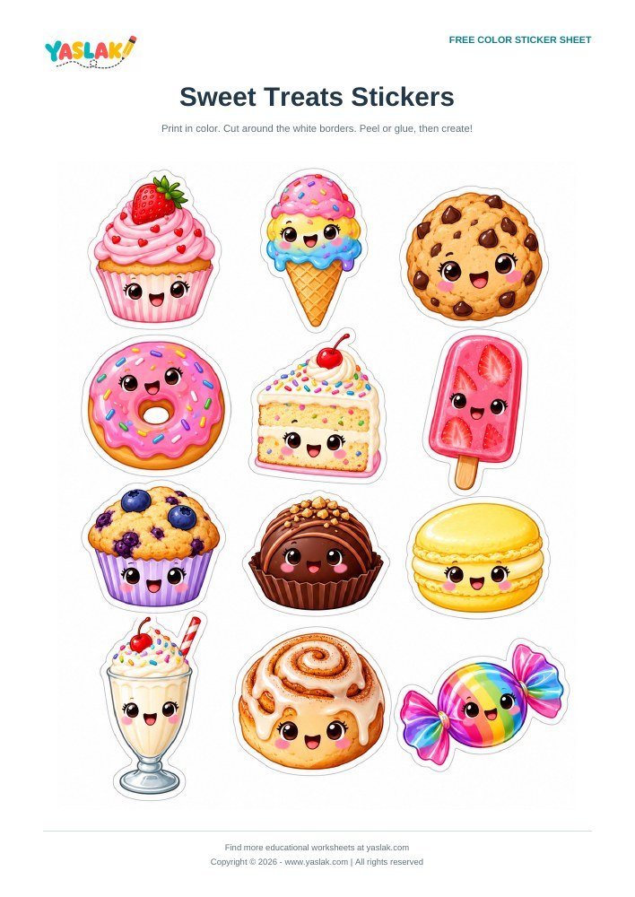 Sweet Treats Stickers colorful printable sheet with YASLAK logo and copyright