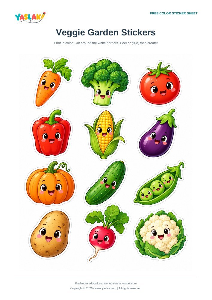 Veggie Garden Stickers colorful printable sheet with YASLAK logo and copyright
