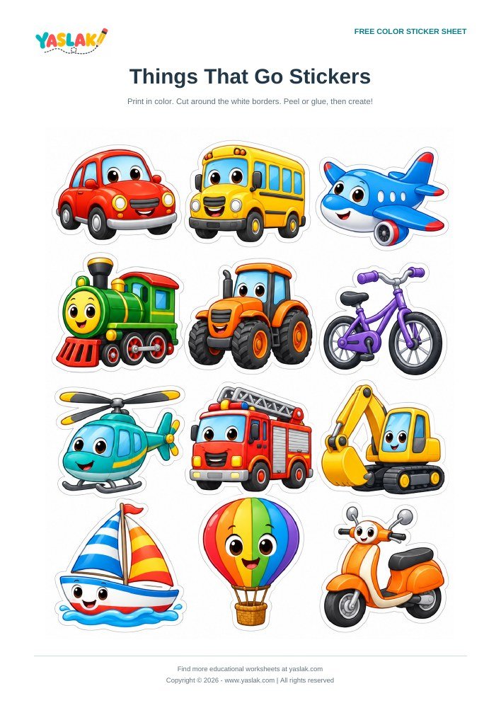 Things That Go Stickers colorful printable sheet with YASLAK logo and copyright