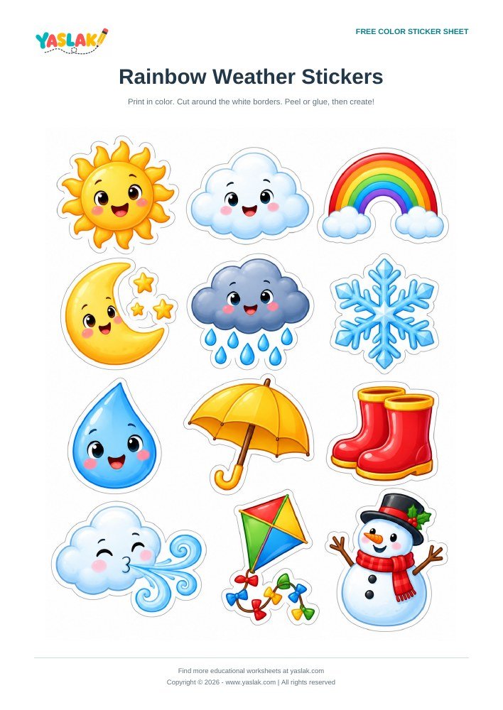 Rainbow Weather Stickers colorful printable sheet with YASLAK logo and copyright