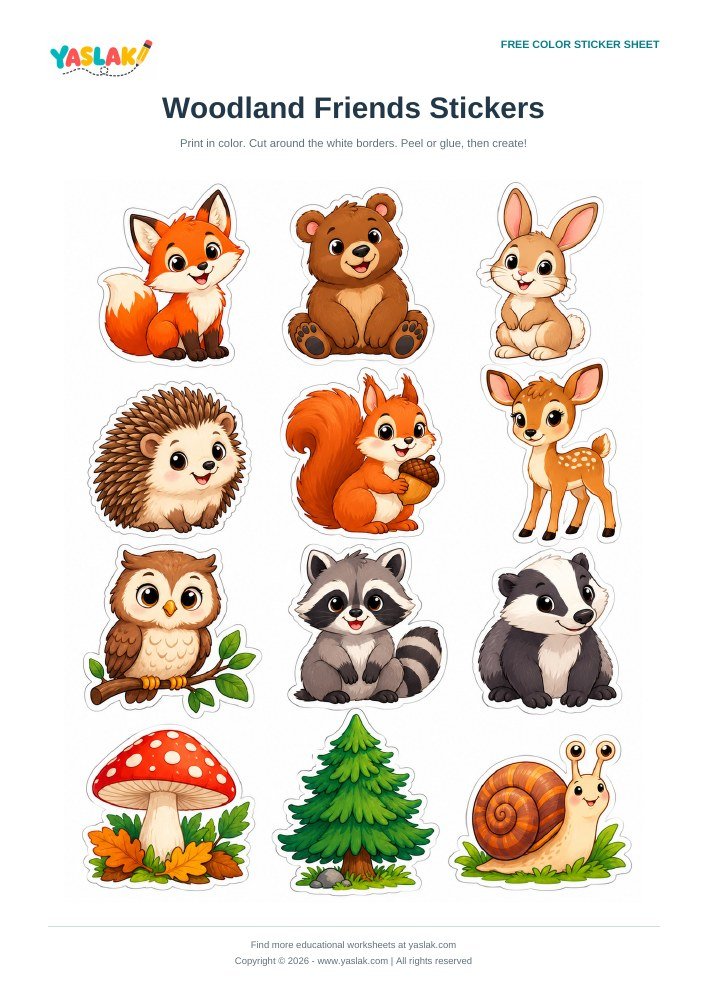 Woodland Friends Stickers colorful printable sheet with YASLAK logo and copyright