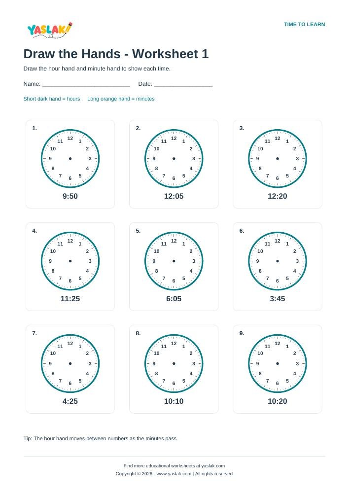 Draw the Hands - Worksheet 1 colour clock worksheet with YASLAK logo and copyright