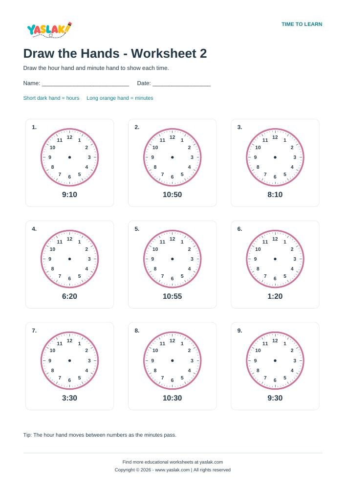 Draw the Hands - Worksheet 2 colour clock worksheet with YASLAK logo and copyright