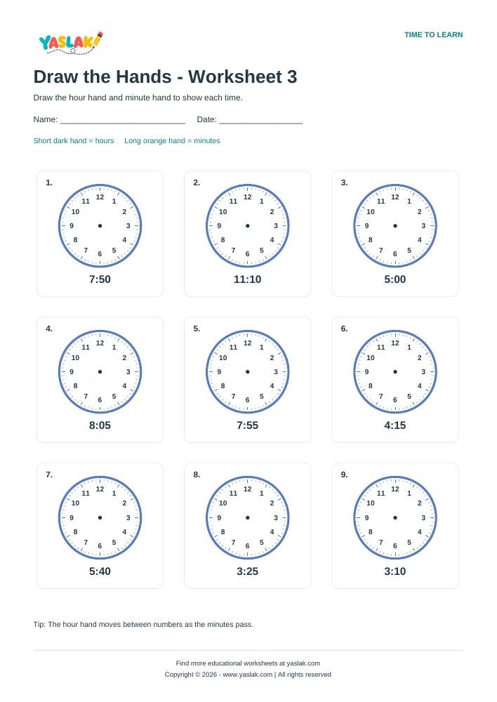 Draw the Hands - Worksheet 3 colour clock worksheet with YASLAK logo and copyright