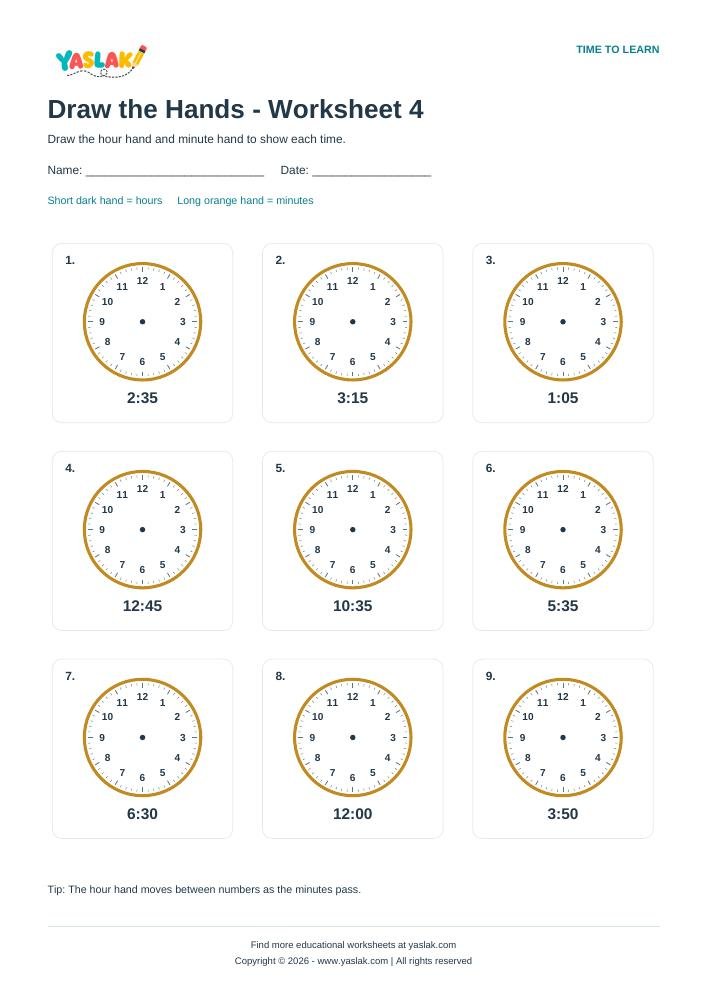 Draw the Hands - Worksheet 4 colour clock worksheet with YASLAK logo and copyright