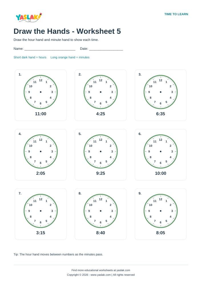 Draw the Hands - Worksheet 5 colour clock worksheet with YASLAK logo and copyright