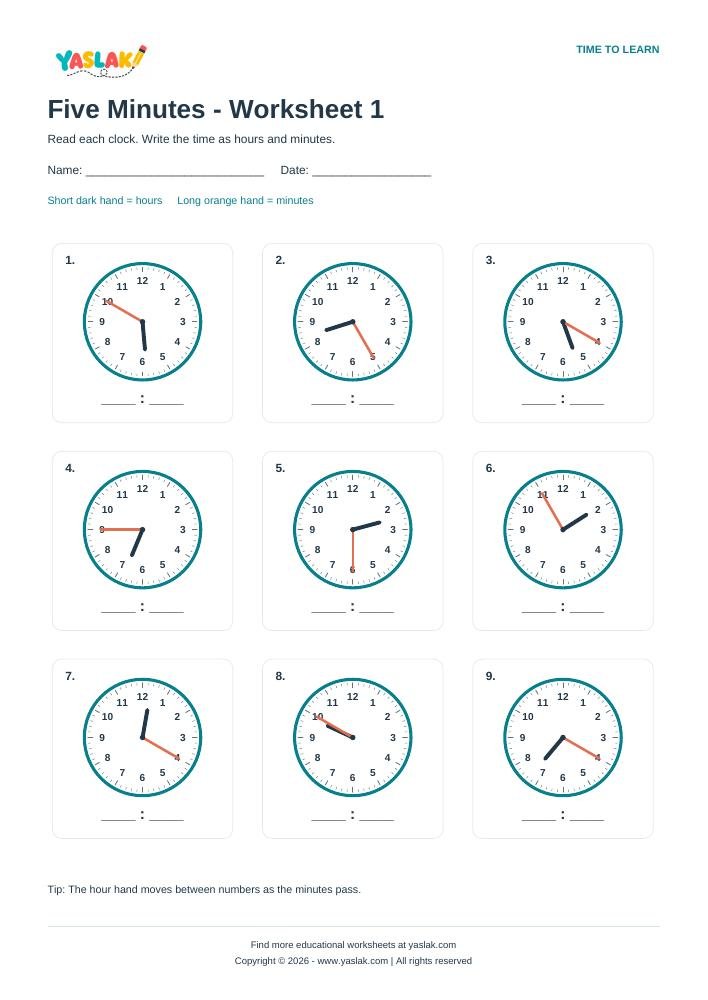 Five Minutes - Worksheet 1 colour clock worksheet with YASLAK logo and copyright