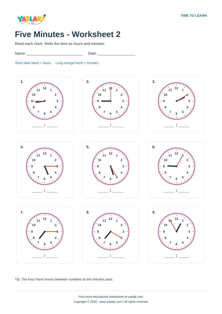 Five Minutes - Worksheet 2 colour clock worksheet with YASLAK logo and copyright