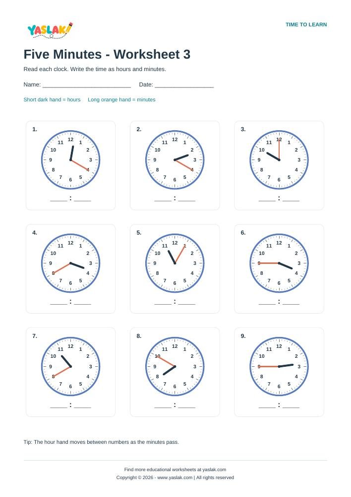 Five Minutes - Worksheet 3 colour clock worksheet with YASLAK logo and copyright