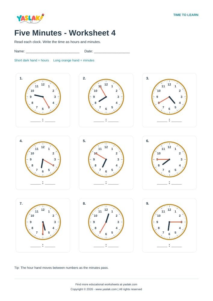 Five Minutes - Worksheet 4 colour clock worksheet with YASLAK logo and copyright