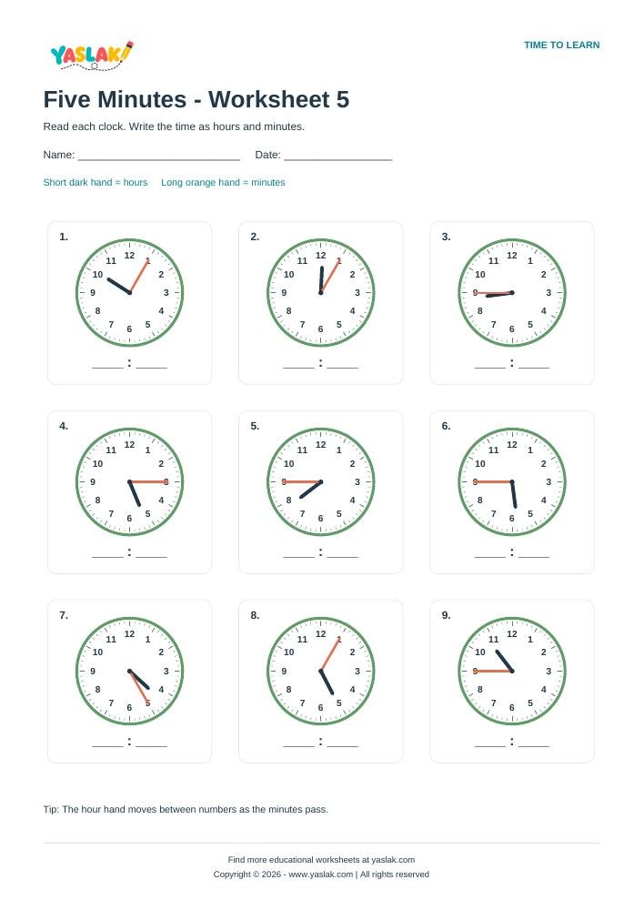 Five Minutes - Worksheet 5 colour clock worksheet with YASLAK logo and copyright