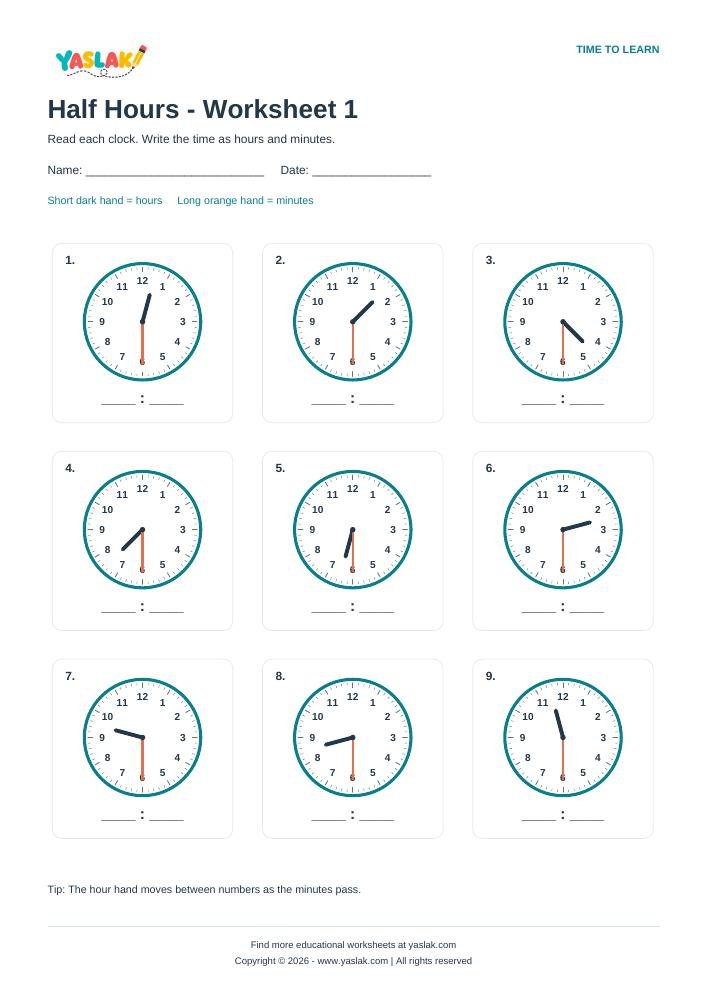 Half Hours - Worksheet 1 colour clock worksheet with YASLAK logo and copyright