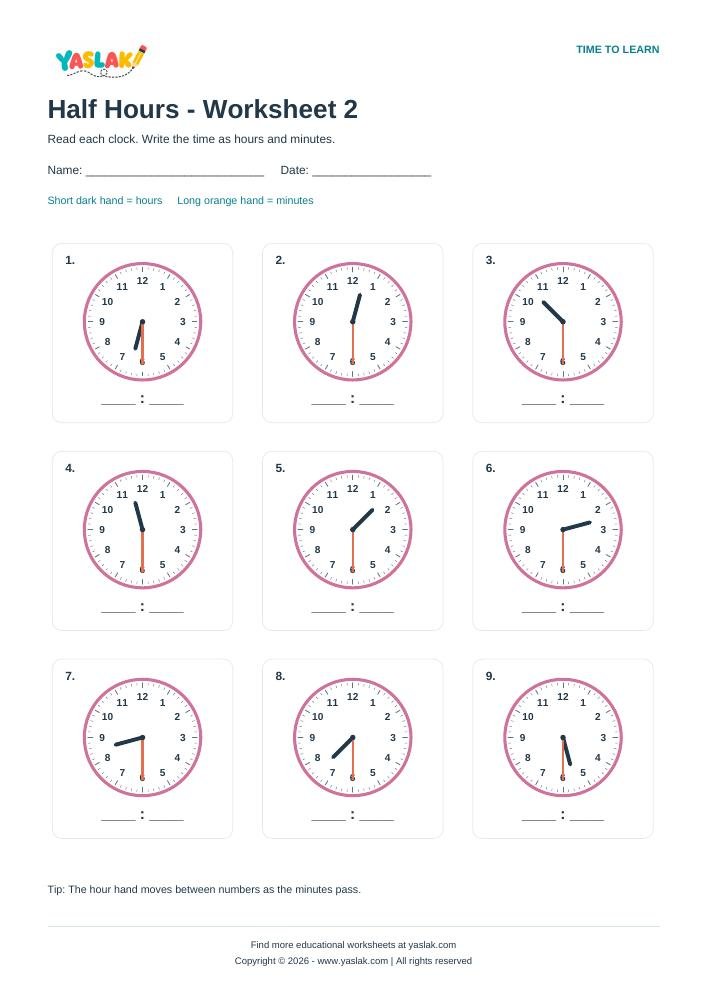 Half Hours - Worksheet 2 colour clock worksheet with YASLAK logo and copyright