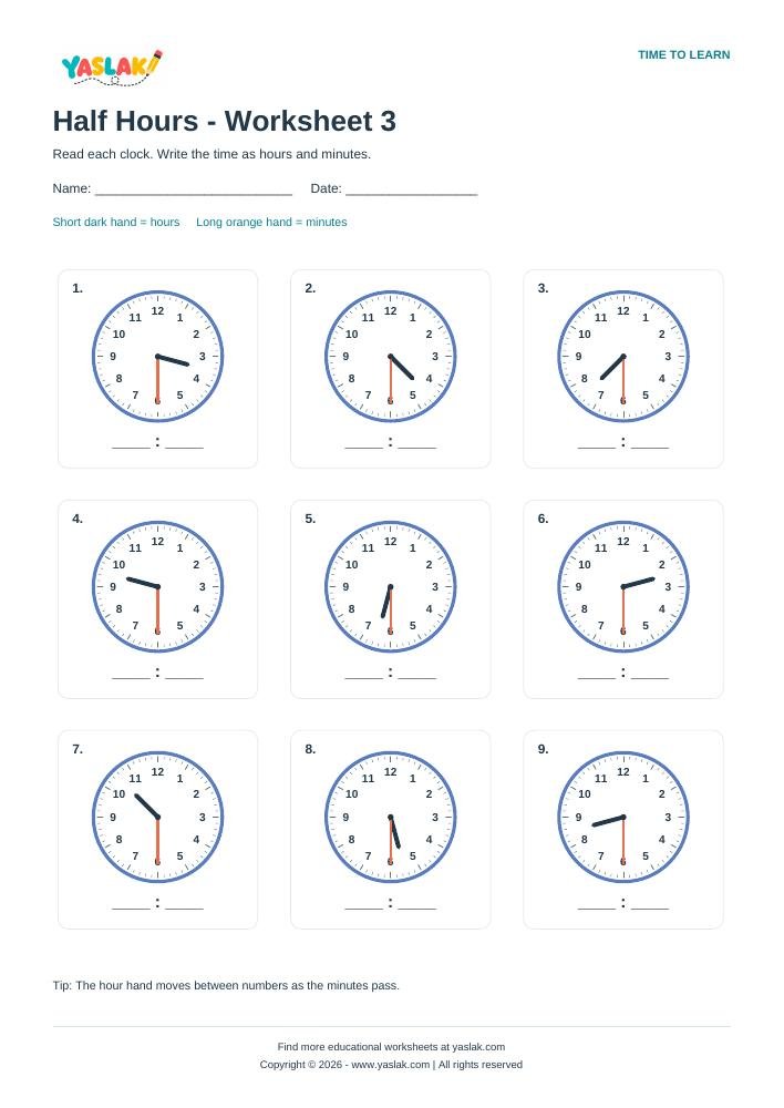 Half Hours - Worksheet 3 colour clock worksheet with YASLAK logo and copyright