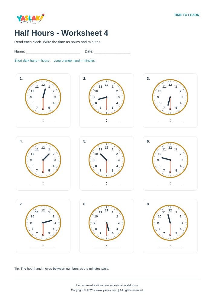 Half Hours - Worksheet 4 colour clock worksheet with YASLAK logo and copyright