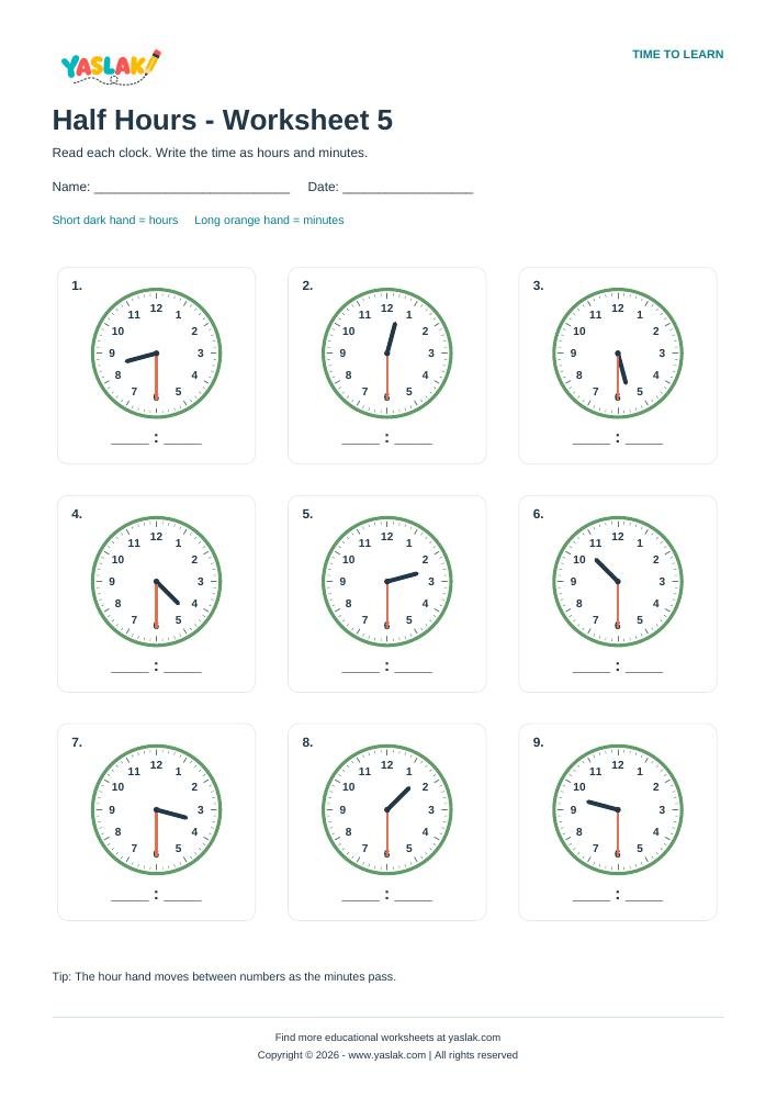 Half Hours - Worksheet 5 colour clock worksheet with YASLAK logo and copyright