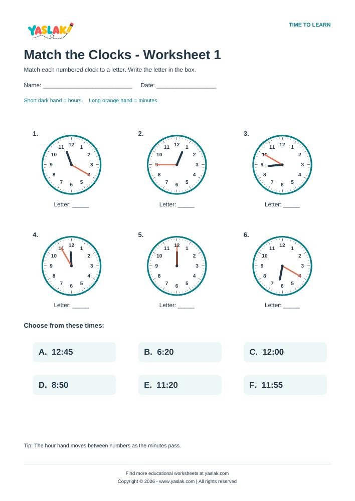 Match the Clocks - Worksheet 1 colour clock worksheet with YASLAK logo and copyright