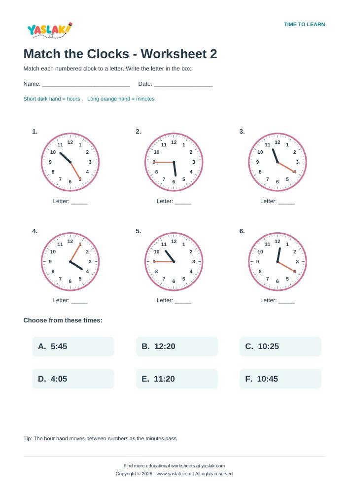 Match the Clocks - Worksheet 2 colour clock worksheet with YASLAK logo and copyright