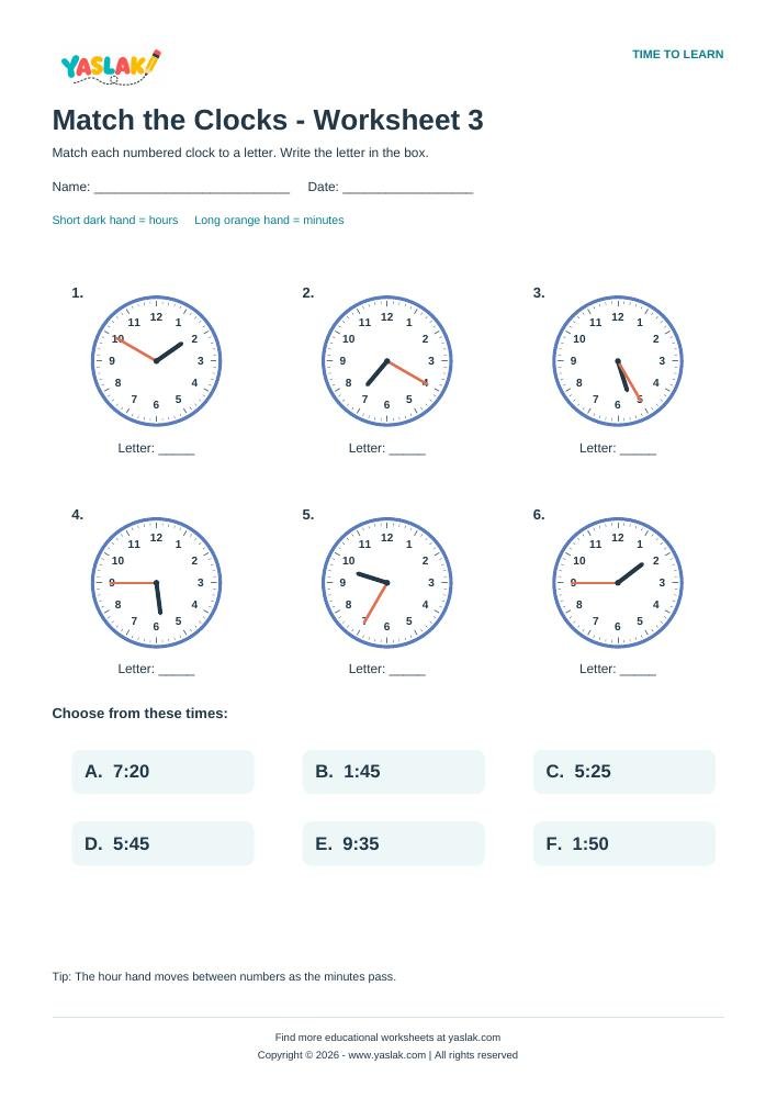 Match the Clocks - Worksheet 3 colour clock worksheet with YASLAK logo and copyright