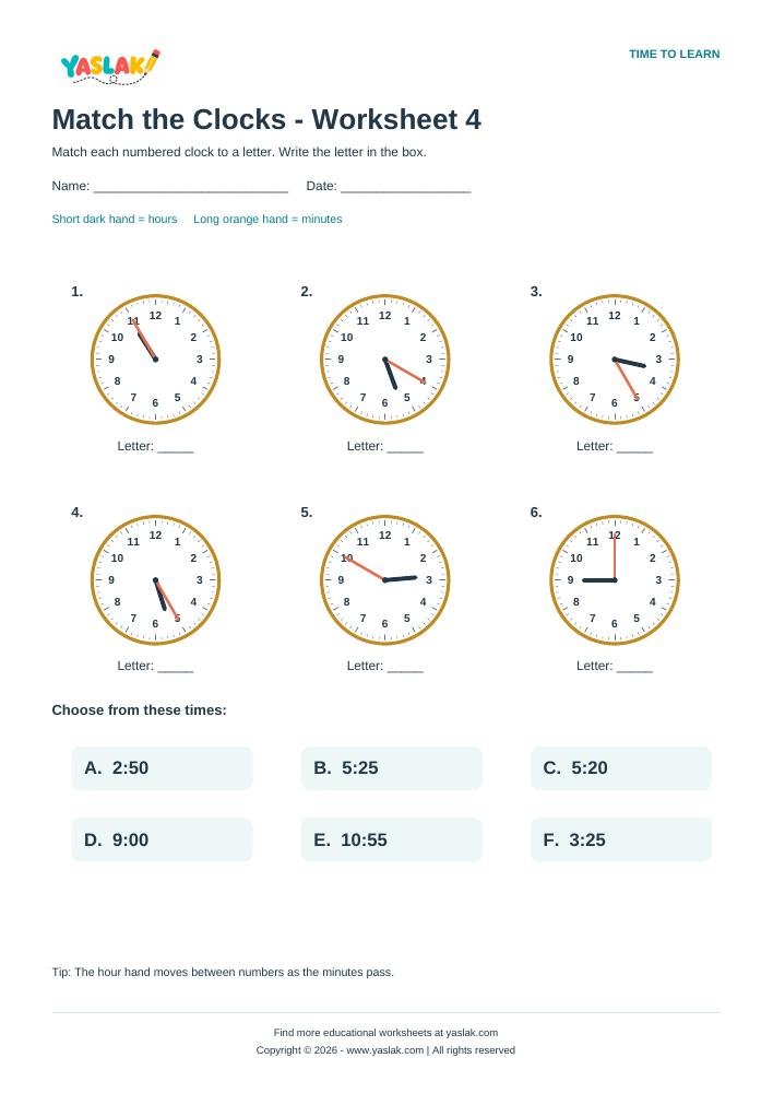 Match the Clocks - Worksheet 4 colour clock worksheet with YASLAK logo and copyright
