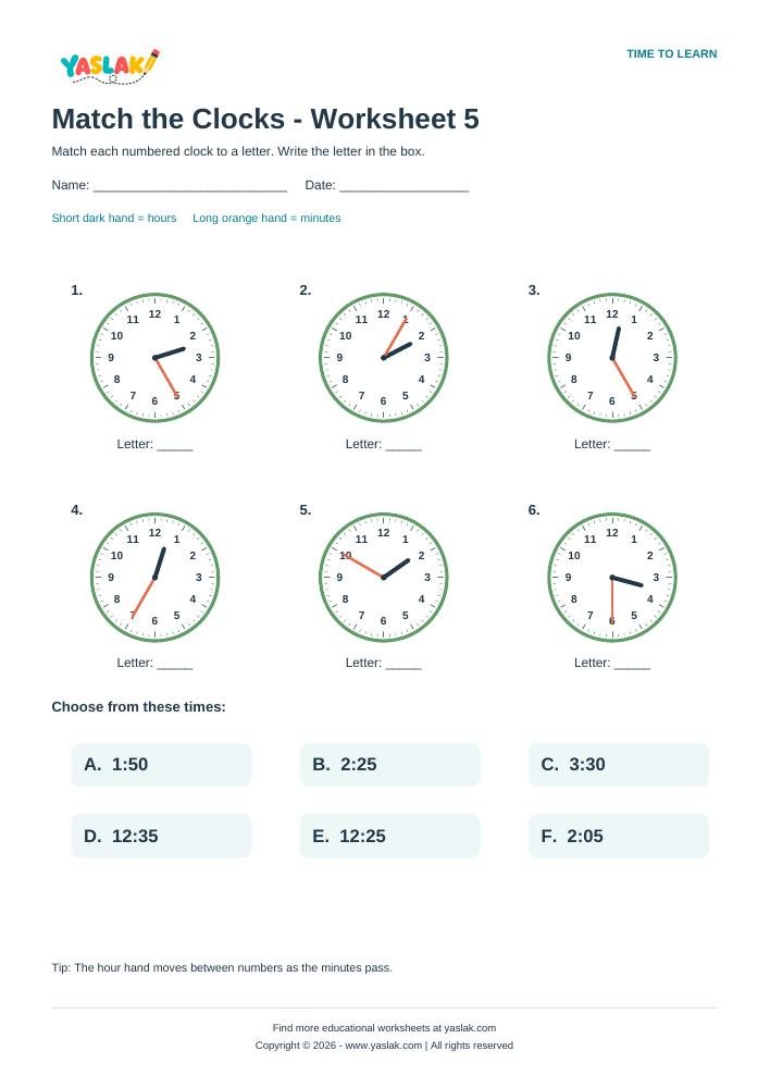Match the Clocks - Worksheet 5 colour clock worksheet with YASLAK logo and copyright
