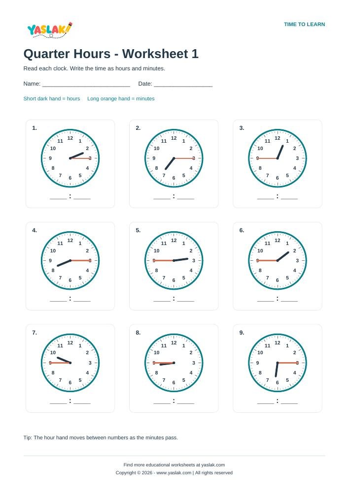 Quarter Hours - Worksheet 1 colour clock worksheet with YASLAK logo and copyright