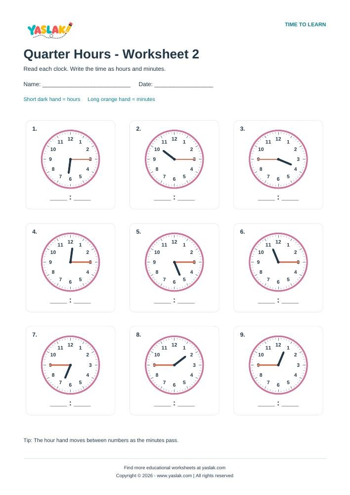 Quarter Hours - Worksheet 2 colour clock worksheet with YASLAK logo and copyright