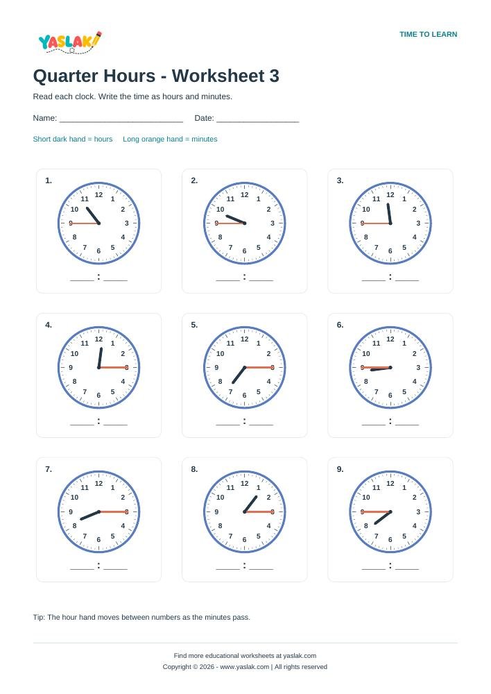 Quarter Hours - Worksheet 3 colour clock worksheet with YASLAK logo and copyright