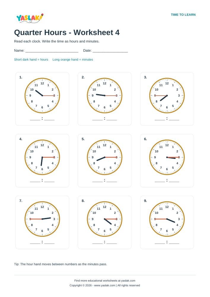 Quarter Hours - Worksheet 4 colour clock worksheet with YASLAK logo and copyright