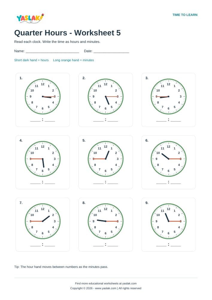 Quarter Hours - Worksheet 5 colour clock worksheet with YASLAK logo and copyright