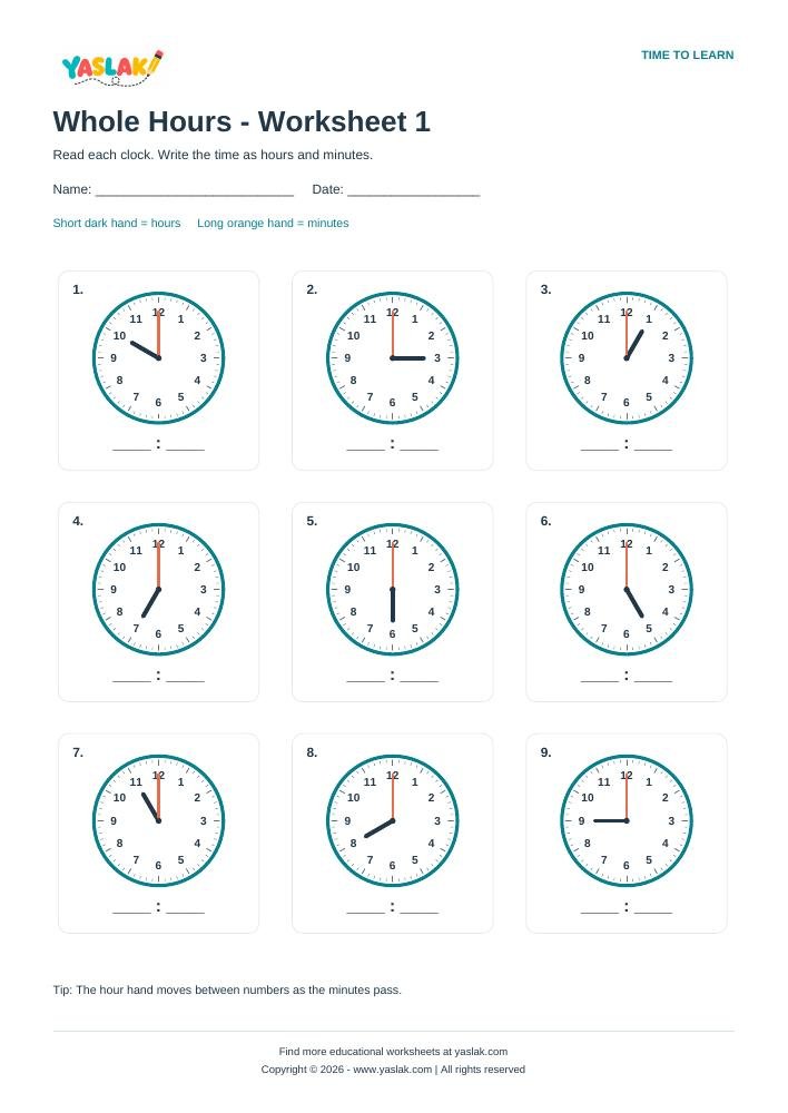 Whole Hours - Worksheet 1 colour clock worksheet with YASLAK logo and copyright