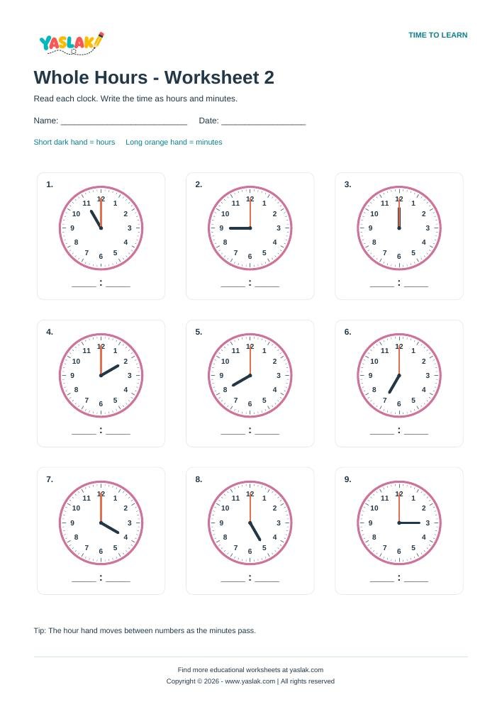 Whole Hours - Worksheet 2 colour clock worksheet with YASLAK logo and copyright