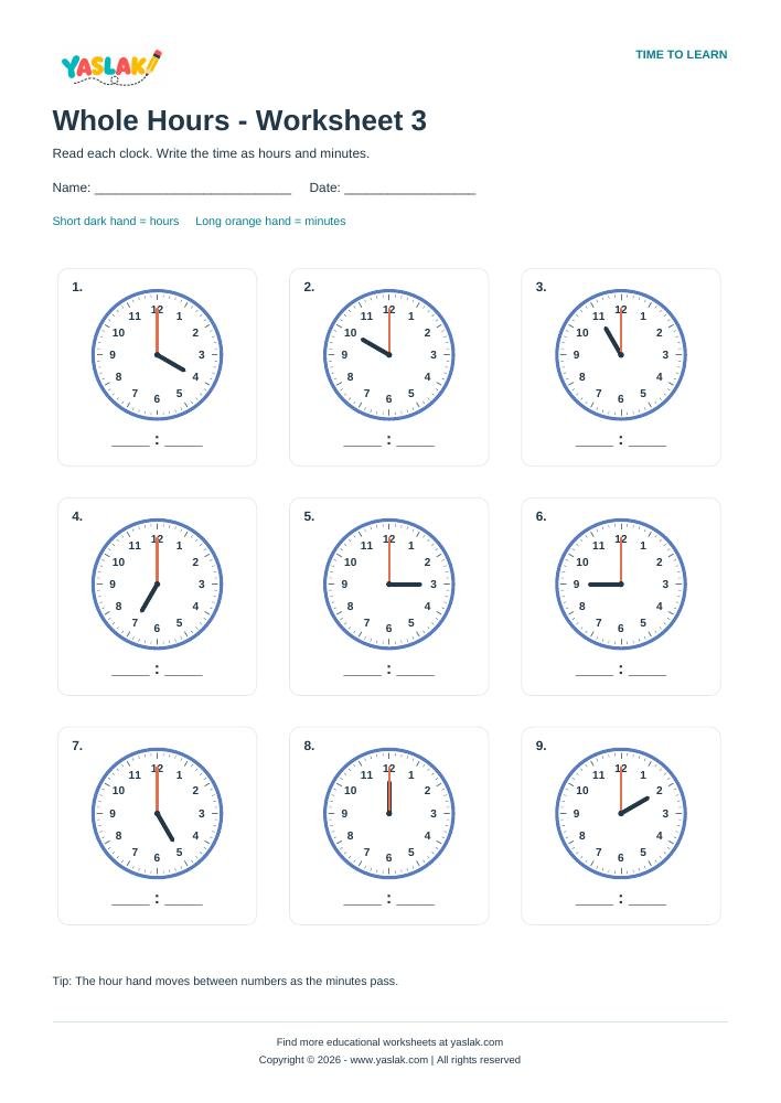 Whole Hours - Worksheet 3 colour clock worksheet with YASLAK logo and copyright