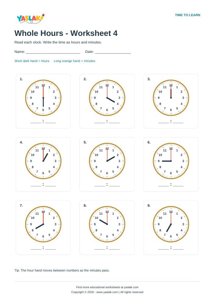 Whole Hours - Worksheet 4 colour clock worksheet with YASLAK logo and copyright