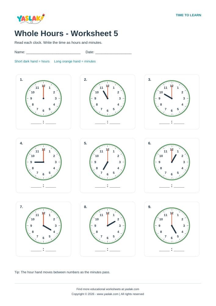 Whole Hours - Worksheet 5 colour clock worksheet with YASLAK logo and copyright