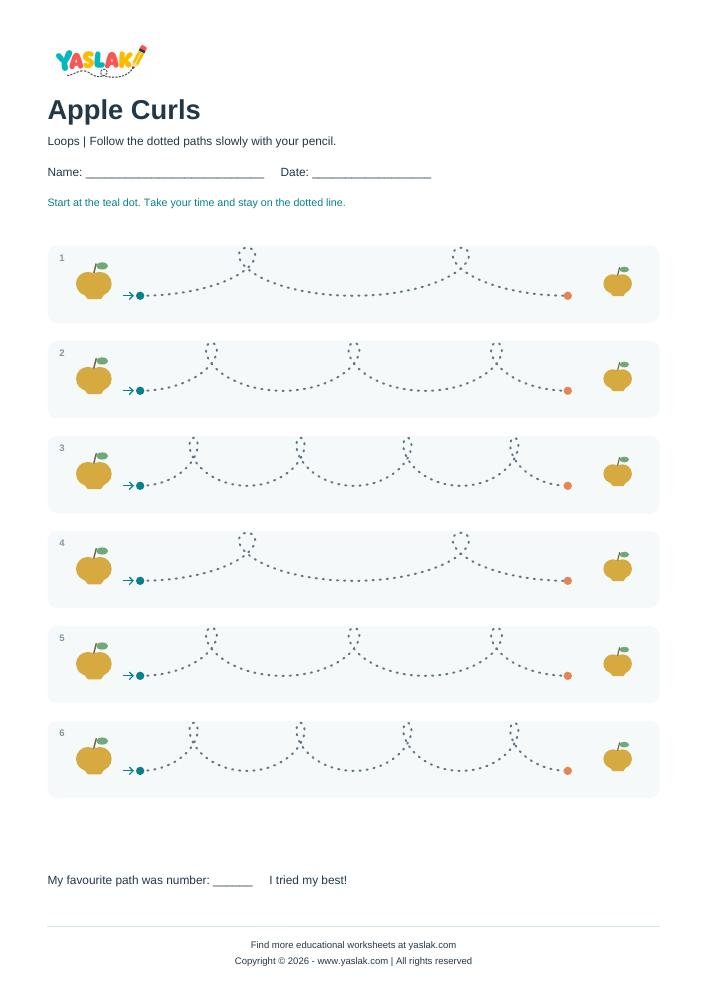 Apple Curls - Tracing Lines colour tracing worksheet with YASLAK logo and copyright