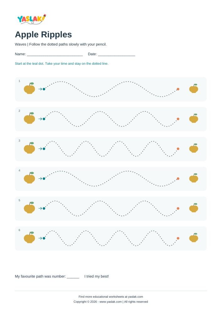 Apple Ripples - Tracing Lines colour tracing worksheet with YASLAK logo and copyright