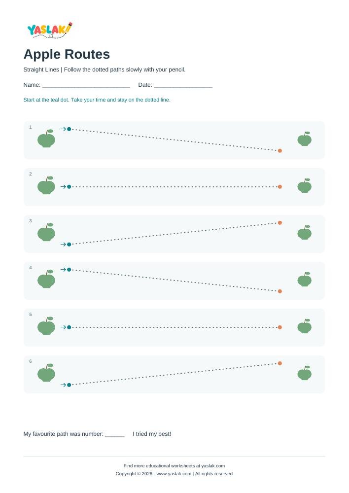 Apple Routes - Tracing Lines colour tracing worksheet with YASLAK logo and copyright