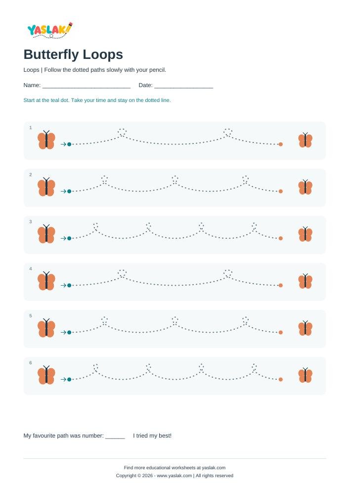 Butterfly Loops - Tracing Lines colour tracing worksheet with YASLAK logo and copyright