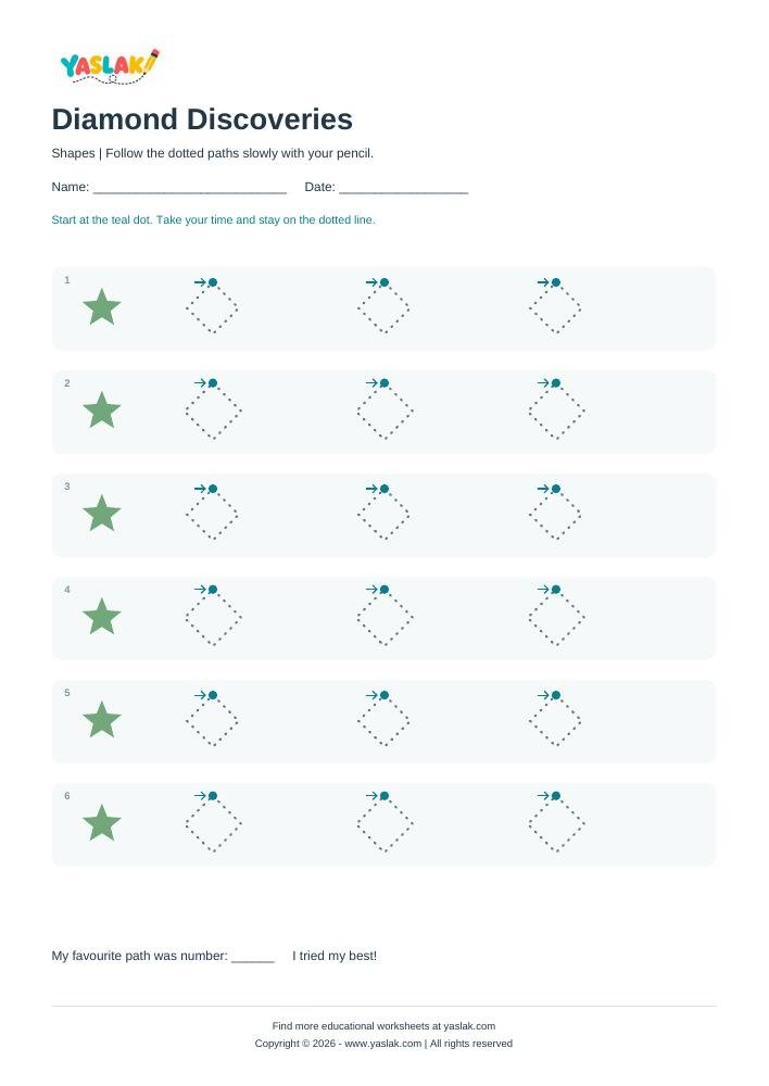 Diamond Discoveries - Tracing Lines colour tracing worksheet with YASLAK logo and copyright