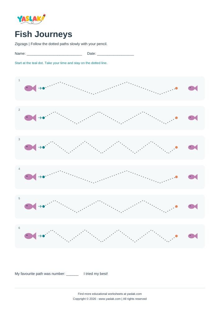 Fish Journeys - Tracing Lines colour tracing worksheet with YASLAK logo and copyright