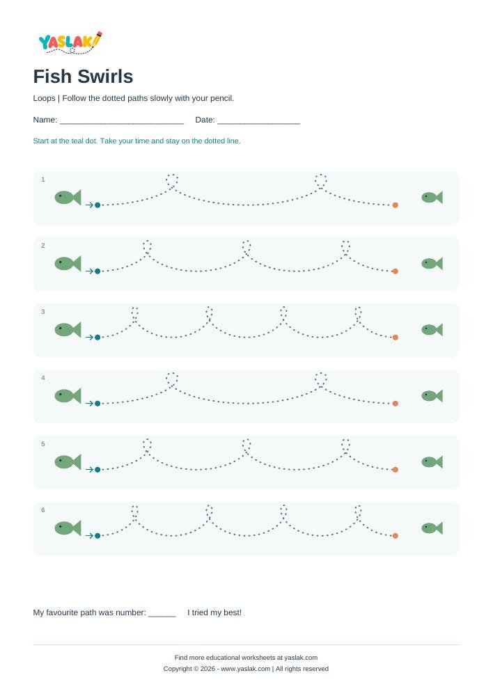 Fish Swirls - Tracing Lines colour tracing worksheet with YASLAK logo and copyright