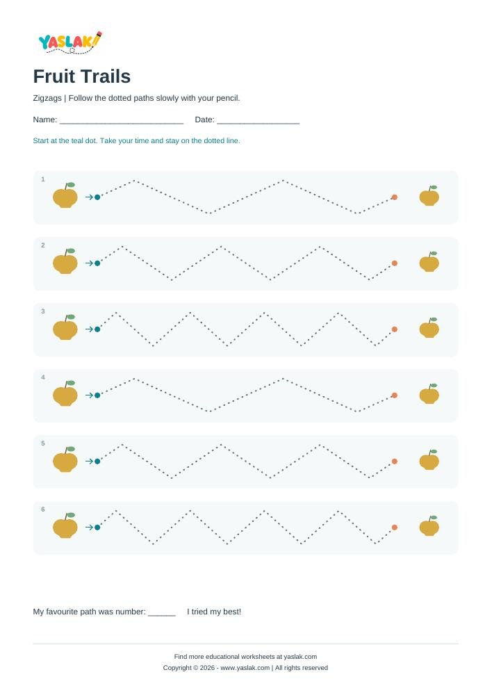 Fruit Trails - Tracing Lines colour tracing worksheet with YASLAK logo and copyright