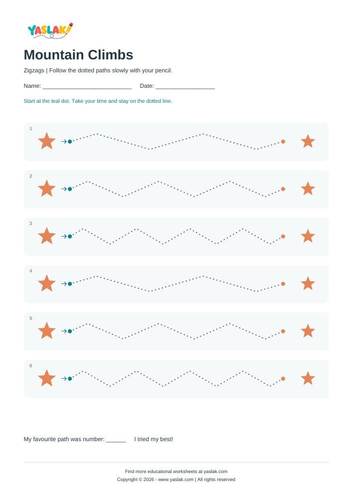 Mountain Climbs - Tracing Lines colour tracing worksheet with YASLAK logo and copyright
