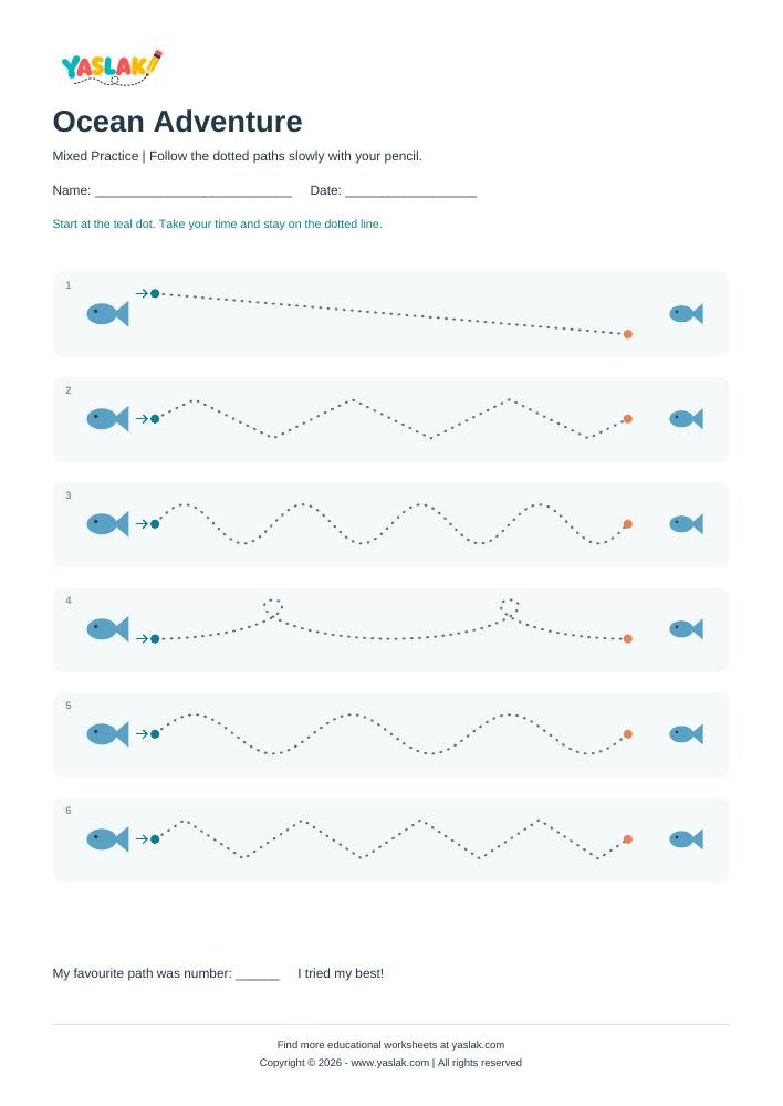 Ocean Adventure - Tracing Lines colour tracing worksheet with YASLAK logo and copyright