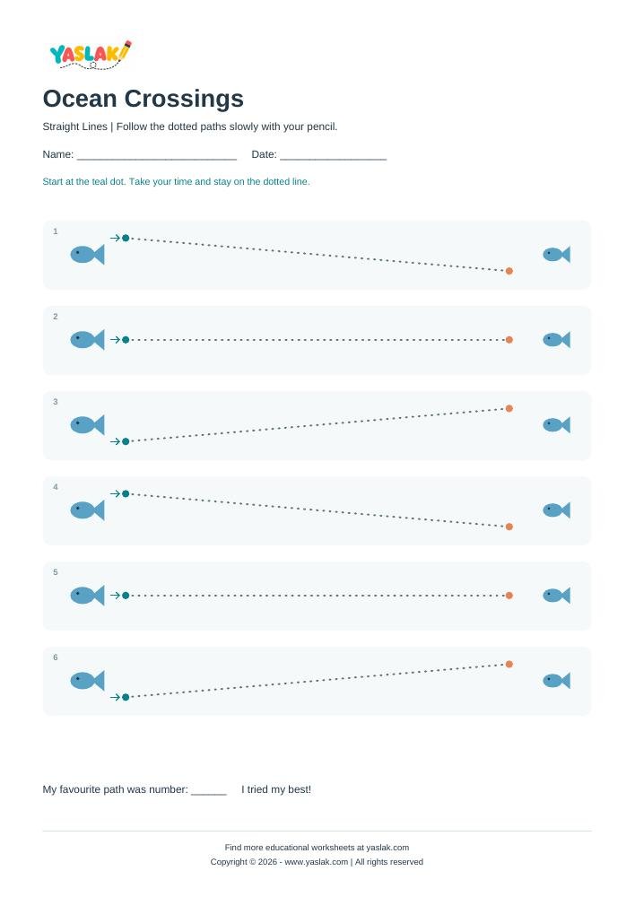 Ocean Crossings - Tracing Lines colour tracing worksheet with YASLAK logo and copyright