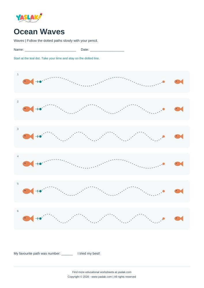 Ocean Waves - Tracing Lines colour tracing worksheet with YASLAK logo and copyright